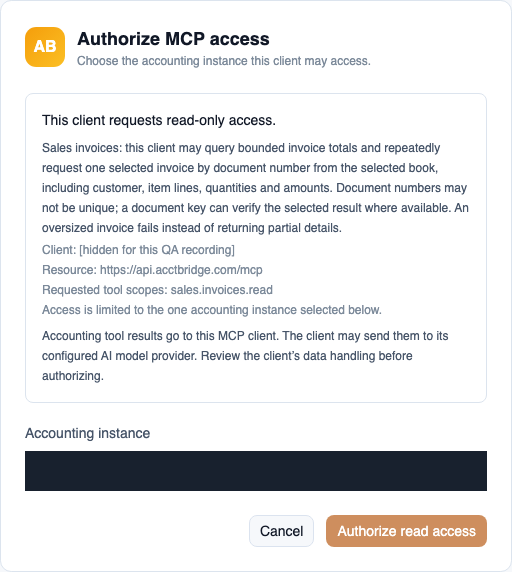 Real Portal consent showing the invoice-read scope and external AI data notice, with client and book identifiers hidden